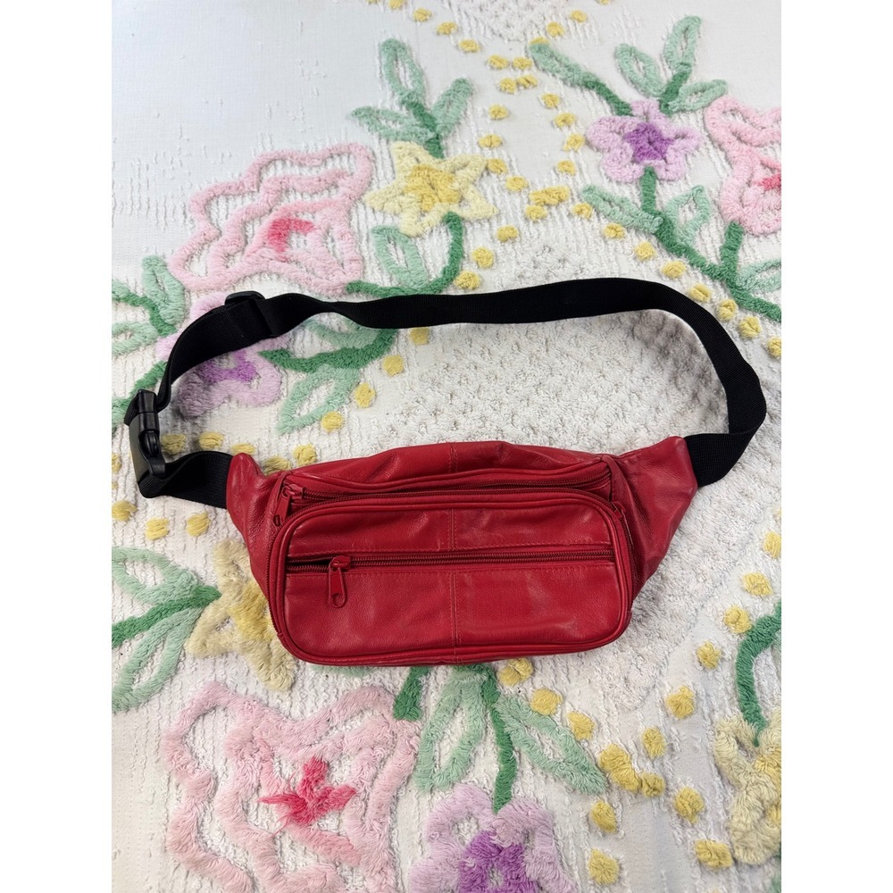 Red Genuine Leather Fanny Pack Waist Bag Adjustable Strap Multiple Pockets